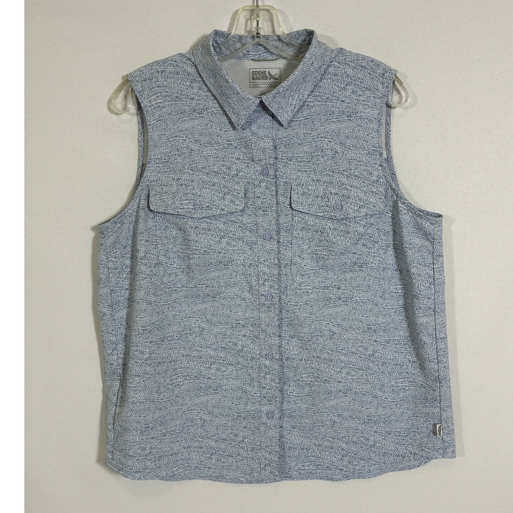 Eddie Bauer Mountain 3.0 Womens L Blue Print Sleeveless Hiking Shirt UPF 50